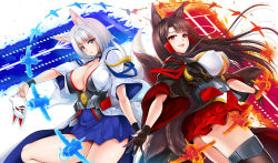 Rule 34 | 2girls, akagi (azur lane), animal ear fluff, animal ears, azur lane, black footwear, black gloves, black shirt, blue eyes, blue skirt, blunt bangs, blunt ends, bob cut, boots, breasts, brown hair, cleavage, commentary request, fire, fire, fox ears, fox mask, fox tail, gen (genetrix), gloves, hair ornament, hakama, hakama short skirt, hakama skirt, highres, holding, holding mask, japanese clothes, kaga (azur lane), large breasts, long hair, looking at viewer, makeup, mascara, mask, miniskirt, multiple girls, open mouth, parted lips, red eyes, red skirt, shirt, short hair, short sleeves, siblings, silver hair, sisters, skirt, smile, standing, tail, tassel, thigh boots, thighhighs, white shirt, wide sleeves, wristband