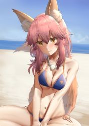 Rule 34 | 1girl, animal ear fluff, animal ears, artist name, bare arms, bare shoulders, beach, bikini, blue bikini, blue sky, blush, breasts, breasts squeezed together, cleavage, closed mouth, cloud, cloudy sky, collarbone, commentary request, cowboy shot, day, fate/grand order, fate (series), fox ears, fox girl, fox tail, hair between eyes, haneru, highres, horizon, indian style, jewelry, large breasts, long hair, navel, necklace, ocean, outdoors, pink hair, sand, side-tie bikini bottom, signature, sitting, sky, solo, swimsuit, tail, tail raised, tamamo (fate), tamamo no mae (fate/extra), tamamo no mae (swimsuit lancer) (fate), water, yellow eyes