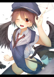 Rule 34 | 1girl, ;d, arm up, bad id, bad pixiv id, bag, bare arms, black thighhighs, black wings, blurry, blush, breasts, brown hair, butt crack, cowboy shot, depth of field, envelope, eyebrows, feathered wings, feathers, flat cap, hair between eyes, hat, heart, highres, holding, holding envelope, hood, hood down, letterboxed, looking at viewer, mailman, necktie, one eye closed, open mouth, original, plaid, plaid necktie, plaid neckwear, pocket, red eyes, rerrere, shirt, short hair, shoulder bag, simple background, small breasts, smile, solo, teeth, thighhighs, tied shirt, white background, wing collar, wings, zipper