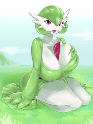 Rule 34 | 1girl, blue sky, breast hold, breasts, cleavage, creatures (company), deep skin, fang, full body, game freak, gardevoir, gen 3 pokemon, gradient sky, grass, green hair, highres, huge breasts, kneeling, lemonbizate, looking at viewer, nintendo, open mouth, outdoors, pokemon, pokemon (creature), red eyes, seiza, short hair, sitting, sky, smile, solo, thick thighs, thighs, tongue