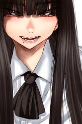 Rule 34 | 1girl, :d, ascot, black ascot, brown hair, collared shirt, fangs, hair over eyes, highres, hoshi san 3, long hair, looking at viewer, mole, mole on neck, mole under eye, mole under mouth, open mouth, original, shirt, simple background, smile, solo, upper body, white background, white shirt, wing collar