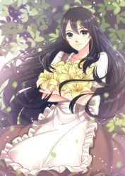Rule 34 | 1girl, absurdres, apron, black hair, braid, brown dress, bush, closed mouth, commentary, cowboy shot, dress, english commentary, flower, french braid, frilled apron, frills, green eyes, hair between eyes, highres, holding, holding flower, long hair, looking at viewer, medium bangs, original, riabels, smile, solo, white apron, yellow flower