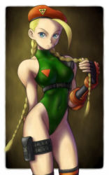 Rule 34 | 1girl, bad id, bad pixiv id, bare hips, bare shoulders, beret, blonde hair, blue eyes, braid, cammy white, collarbone, covered navel, fingerless gloves, gloves, groin, gunspike, hat, highleg, highleg leotard, highres, impossible clothes, leotard, long hair, pouch, revision, scar, solo, street fighter, thigh pouch, twin braids, yamada ichirou