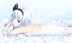 Rule 34 | 1girl, ass, back, blue eyes, blush, breasts, cropped, crossed arms, dress, flat chest, gloves, h kasei, hair ribbon, hairband, konpaku youmu, konpaku youmu (ghost), looking at viewer, lying, on stomach, open mouth, ribbon, short hair, silver hair, solo, touhou, white gloves