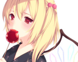 Rule 34 | 1girl, bad id, bad pixiv id, blonde hair, blush, candy apple, female focus, flandre scarlet, food, hair bobbles, hair ornament, holding, kabata (mechisan), no headwear, no headwear, red eyes, side ponytail, solo, touhou, upper body, wings