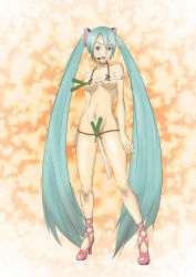 Rule 34 | 1girl, aqua hair, bad anatomy, bad feet, blue eyes, breasts, covering privates, feet, food as clothes, hatsune miku, high heels, highres, kamiya megumi, long hair, medium breasts, microphone, nude, nude cover, poorly drawn, shoes, solo, spring onion, twintails, very long hair, vocaloid