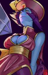 Rule 34 | 1girl, absurdres, blue skin, blush, breasts, calvin sims, capcom, chinese clothes, cleavage, cleavage cutout, clothing cutout, colored skin, female focus, highres, jiangshi, large breasts, lei lei, medium hair, ofuda, purple hair, solo, vampire (game), yellow eyes