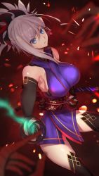 Rule 34 | 1girl, akatsuki ikki, belt, black thighhighs, blue eyes, breasts, dual wielding, elbow gloves, eyebrows hidden by hair, fate/grand order, fate (series), fingerless gloves, gloves, hair between eyes, hairband, highres, holding, holding sword, holding weapon, japanese clothes, katana, kimono, large breasts, long hair, looking at viewer, miyamoto musashi (fate), miyamoto musashi (first ascension) (fate), open mouth, pink hair, ponytail, solo, sword, thighhighs, weapon