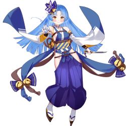 Rule 34 | 1girl, ark order, artist request, bell, blue hair, blue hakama, blue pants, breasts, dagger, detached sleeves, hair ornament, hakama, hakama pants, holding, holding dagger, holding knife, holding weapon, japanese clothes, jingle bell, kinomata no kami (ark order), knife, large breasts, long sleeves, looking at viewer, official art, okobo, pants, rope, sandals, sash, smile, solo, tabi, tachi-e, transparent background, water, weapon, white legwear, wide sleeves, yellow eyes