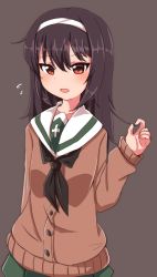 Rule 34 | 10s, 1girl, arm behind back, black background, black hair, brown eyes, brown sweater, cardigan, chawan (yultutari), flying sweatdrops, girls und panzer, green skirt, hairband, highres, long hair, long sleeves, looking at viewer, neckerchief, ooarai school uniform, open mouth, playing with own hair, pleated skirt, reizei mako, school uniform, serafuku, simple background, skirt, smile, solo, standing, sweater, upper body, white hairband