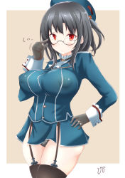 Rule 34 | 1girl, beret, bespectacled, black gloves, black hair, black panties, black thighhighs, blue hat, border, breasts, commentary request, covered erect nipples, cowboy shot, garter straps, glasses, gloves, hat, highres, kantai collection, large breasts, looking at viewer, military, military uniform, miniskirt, panties, pink background, red eyes, short hair, skirt, solo, standing, takao (kancolle), thighhighs, tokiziku, two-tone background, underwear, uniform, white border