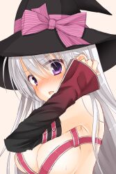 Rule 34 | 1girl, ayachi nene, belt, belt bra, black hat, blush, bow, breasts, clip studio paint (medium), commentary request, detached sleeves, embarrassed, eyes visible through hair, from side, frown, grey hair, hair between eyes, hand up, hat, hat bow, highres, long hair, looking at viewer, makochan42, medium breasts, nose blush, open mouth, pink belt, pink bow, purple eyes, ribbon, sanoba witch, sideboob, simple background, solo, sweat, upper body, v-shaped eyebrows, wide sleeves, witch hat