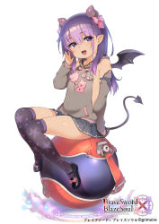 Rule 34 | 1girl, :d, atte nanakusa, bare shoulders, bat wings, black footwear, black skirt, black wings, blue eyes, bow, brave sword x blaze soul, breasts, commentary request, copyright name, covered navel, demon girl, demon tail, detached sleeves, drawstring, eyes visible through hair, fang, grey shirt, hair between eyes, hair bow, hand up, head tilt, heart, highres, horns, long sleeves, looking at viewer, magic circle, mary janes, no bra, official art, open mouth, over-kneehighs, paranoia (brave sword x blaze soul), pink bow, pleated skirt, print shirt, print thighhighs, purple hair, purple thighhighs, shirt, shoes, simple background, sitting, skirt, sleeveless, sleeveless shirt, sleeves past wrists, small breasts, smile, solo, star (symbol), star print, sweater, tail, thighhighs, white background, wings
