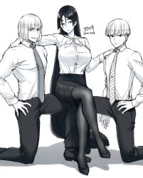 Rule 34 | 1girl, 2boys, bowl cut, character request, collared shirt, crossed legs, dated, fate (series), greyscale, hand on own hip, long hair, looking at viewer, minamoto no raikou (fate), monochrome, multiple boys, necktie, office lady, pantyhose, sakata kintoki (fate), shirt, shirt tucked in, short hair, signature, simple background, smile, tagme, titiduki (manman-ya), very long hair, watanabe no tsuna (fate), white background