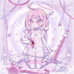 Rule 34 | 1girl, @ @, ahoge, album cover, babydoll, ball and chain (weapon), bandaged neck, bandages, bare shoulders, bleeding, blood, blood on clothes, blush stickers, bow, bow panties, candle, cat, cover, creature, cross, curtains, dog, dress, elbow gloves, expressionless, falling petals, fire, flat chest, flower, fork in head, full body, gloves, hair flower, hair intakes, hair ornament, halo, hand up, highres, indie virtual youtuber, injury, kneeling, latin cross, long hair, looking down, low twintails, magic circle, mamimu (ma-mi-mu.me), momone chinoi, navel, no shoes, object through head, panties, pentagram, petals, pink eyes, pink hair, pink thighhighs, purple background, purple fire, ribbon, see-through, see-through dress, slime (creature), solo, sparkle, spiked ball and chain, spiked bat, spiral background, stab, stomach, strapless, strapless dress, striped clothes, striped thighhighs, thighhighs, twintails, underwear, very long hair, virtual youtuber, white babydoll, white gloves, white panties