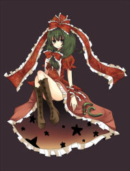 Rule 34 | 1girl, arms at sides, bare legs, boots, brown footwear, dress, female focus, frills, front ponytail, full body, green eyes, green hair, kagiyama hina, knee boots, knees together feet apart, looking at viewer, matching hair/eyes, puffy short sleeves, puffy sleeves, red background, red dress, shawl, short hair, short sleeves, simple background, sitting, solo, thighs, touhou, umi (umi02), wrist cuffs
