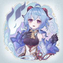 Rule 34 | 1girl, ahoge, bare shoulders, bell, blue gloves, blue hair, blush, breasts, chinese knot, detached sleeves, flower knot, ganyu (genshin impact), genshin impact, gloves, hand on own chest, highres, horns, long hair, looking at viewer, medium breasts, neck bell, open mouth, purple eyes, qilin (mythology), sidelocks, smile, tanako321, tassel, upper body, vision (genshin impact), white sleeves