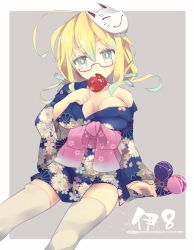 Rule 34 | 10s, 1girl, blonde hair, blue eyes, breasts, candy apple, food, glasses, hat, i-8 (kancolle), japanese clothes, kantai collection, kimono, large breasts, long hair, mask, oluha, solo, yukata