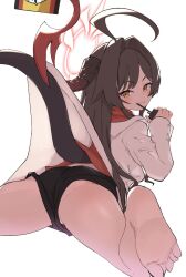 Rule 34 | 1girl, ahoge, barefoot, black hair, black horns, black shorts, black tail, blue archive, blush, caburi, closed mouth, coat, demon horns, hair intakes, halo, highres, horns, kasumi (blue archive), long hair, red halo, red shirt, shirt, shorts, simple background, solo, white background, white coat, yellow eyes
