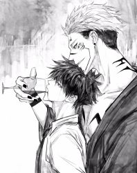 Rule 34 | 2boys, alcohol, arm tattoo, chest tattoo, cup, drinking glass, extra eyes, facial tattoo, from side, fushiguro megumi, height difference, highres, holding, holding drinking glass, jujutsu kaisen, makababazi, male focus, monochrome, multiple boys, nail polish, neck tattoo, necktie, open mouth, ryoumen sukuna (jujutsu kaisen), shirt, short hair, smile, spiked hair, tattoo, undercut, wine, wine glass, yaoi