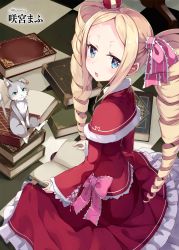Rule 34 | 10s, 1girl, aqua eyes, artist name, beatrice (re:zero), blue eyes, blush, book, bookmark, bug, butterfly, butterfly-shaped pupils, capelet, cat, checkered floor, crown, dress, drill hair, earrings, english text, fur trim, hair ribbon, highres, insect, jewelry, long hair, mafu9, mini crown, open book, open mouth, pack (re:zero), pink ribbon, puck (re:zero), re:zero kara hajimeru isekai seikatsu, red dress, ribbon, scan, sitting, sleeves past wrists, symbol-shaped pupils, twin drills