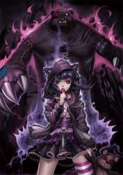Rule 34 | 1girl, alternate color, animal ears, animal hood, annie (league of legends), bear, black hair, button eyes, buttons, candy, claws, food, gothic lolita, hood, league of legends, lolita fashion, lollipop, purple eyes, short hair, sindy, stitched, stitches, striped clothes, striped thighhighs, thighhighs, third-party edit, tibbers