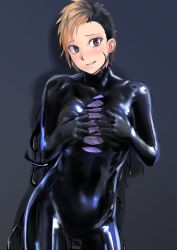 Rule 34 | 1girl, black bodysuit, black hair, blonde hair, blush, bodysuit, brown eyes, buzz cut, contrapposto, cowboy shot, grey background, hands up, highres, hole in chest, hole on body, kilye kairi, looking at viewer, multicolored hair, original, short hair, simple background, smile, solo, split-color hair, symbiote, two-tone hair, very short hair