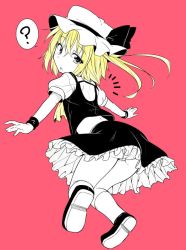 Rule 34 | 1girl, :o, ?, ass, bad id, bad twitter id, blonde hair, flandre scarlet, flat color, frilled skirt, frills, hat, kazawa (tonzura-d), looking at viewer, looking back, mob cap, no wings, panties, pantyshot, pink background, shirt, short hair, skirt, solo, spoken question mark, touhou, underwear, vest, wristband