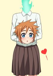 Rule 34 | :o, absurdres, blue eyes, brown hair, brown skirt, collared shirt, commentary, cowboy shot, demi-chan wa kataritai, disembodied head, dress shirt, dullahan, fire, green fire, headless, heart, highres, holding head, long sleeves, looking at viewer, machi kyouko, pleated skirt, shirt, simple background, skirt, spiked hair, straight-on, the only shoe, variant set, white shirt, wing collar, yellow background
