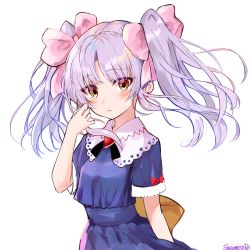 Rule 34 | 1girl, artist name, blue dress, blush, bow, breasts, brown eyes, dress, floating hair, hair bow, head tilt, hoshino ruri, kidou senkan nadesico, looking at viewer, parted bangs, parted lips, pink bow, red bow, sazamiso rx, silver hair, simple background, small breasts, solo, twintails, white background