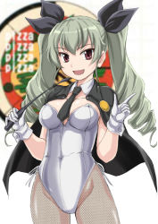 Rule 34 | 10s, 1girl, anchovy (girls und panzer), brown eyes, capelet, detached collar, drill hair, fishnet pantyhose, fishnets, girls und panzer, gloves, green hair, highres, leotard, long hair, necktie, pantyhose, playboy bunny, riding crop, solo, standing, twin drills, twintails, wan&#039;yan aguda