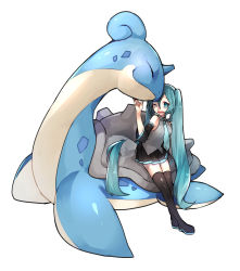 Rule 34 | 1girl, absurdres, boots, breasts, collared shirt, commentary request, creatures (company), crossover, detached sleeves, game freak, gen 1 pokemon, green eyes, green hair, green neckwear, grey shirt, hair between eyes, hand up, hatsune miku, highres, lapras, long hair, necktie, nintendo, one eye closed, open mouth, pleated skirt, pokemon, pokemon (creature), reirou (chokoonnpu), shirt, skirt, sleeveless, sleeveless shirt, smile, thigh boots, thighhighs, tongue, twintails, vocaloid