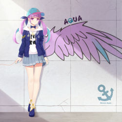 Rule 34 | 1girl, absurdres, against wall, anchor print, aqua hair, aqua nails, bare legs, baseball cap, blue bow, blue bowtie, blue footwear, blue jacket, blue ribbon, bow, bowtie, braid, character name, choker, closed mouth, clothes writing, collarbone, colored inner hair, commentary, drawn wings, drawstring, earrings, full body, graffiti, grey skirt, hair ribbon, hat, highres, hololive, hood, hood down, hoodie, jacket, jewelry, long hair, long sleeves, looking at viewer, minato aqua, miniskirt, multicolored hair, nail polish, open clothes, open jacket, pleated skirt, purple eyes, purple hair, ribbon, rko (a470350510), shoes, sidelocks, skirt, smile, solo, standing, thighs, twintails, two-tone hair, virtual youtuber, white choker, white hoodie