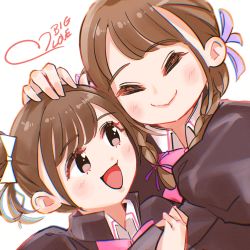 Rule 34 | 2girls, :d, animification, assault lily, blush, bow, bowtie, braid, brown eyes, brown hair, chromatic aberration, closed eyes, closed mouth, collared shirt, commentary, cosplay, fukuyama jeanne sachie, fukuyama jeanne sachie (cosplay), hair bow, hair bun, hair ribbon, hand on another&#039;s arm, hand on another&#039;s head, hand up, heads together, heart, highres, hug, juliet sleeves, kishimoto lucia raimu, kishimoto lucia raimu (cosplay), long hair, long sleeves, looking at another, looking to the side, low twin braids, low twintails, ludvico private girls&#039; academy school uniform, miyase reina, multiple girls, nakamura yukari (voice actor), open mouth, pink bow, pink bowtie, puffy sleeves, purple ribbon, real life, ribbon, school uniform, shirt, short hair, sideways glance, simple background, smile, swept bangs, twin braids, twintails, upper body, voice actor, voice actor connection, white background, white bow, white shirt, yukichi (meichi227)