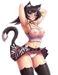 Rule 34 | 1girl, :3, :d, ^ ^, absurdres, animal ear legwear, animal ears, armpits, arms behind head, arms up, bell, black hair, black thighhighs, blue eyes, bow, bow panties, breasts, cameltoe, cat ear legwear, cat ears, cat girl, cat lingerie, cat tail, choker, cleavage, closed eyes, clothes lift, colored eyelashes, covered erect nipples, cowboy shot, crop top, eyebrows, heterochromia, highres, hip focus, kat (mazume), large breasts, looking at viewer, mazume, meme attire, miniskirt, multicolored hair, navel, neck bell, nipples, open mouth, orange eyes, original, panties, pantyshot, pin, pussy juice, see-through, shiny skin, shirt, short hair, simple background, skindentation, skirt, skirt lift, smile, solo, standing, tail, taut clothes, taut shirt, thighhighs, two-tone hair, underwear, wet, wet clothes, white background, white hair, white panties, white skirt, yellow eyes, zettai ryouiki