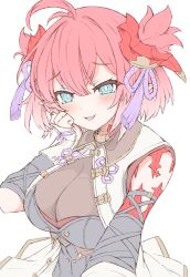 Rule 34 | 1girl, absurdres, ahoge, blue eyes, blush, breasts, bright pupils, chichiri, fang, granblue fantasy, hand on own face, highres, kazuki-p555, large breasts, pink hair, pointy ears, two side up, white background, white pupils