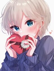 Rule 34 | 1girl, anastasia (idolmaster), blue sweater, blush, box, covering own mouth, gift, heart, heart-shaped box, highres, holding, holding gift, idolmaster, idolmaster cinderella girls, long sleeves, looking at viewer, portrait, rua (idv), short hair, simple background, solo, sweater, turtleneck, turtleneck sweater, valentine, white background