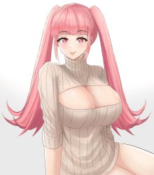 Rule 34 | 1girl, absurdres, alternate costume, blunt bangs, breasts, cleavage, cleavage cutout, closed mouth, clothing cutout, commentary, desspie, english commentary, female focus, fire emblem, fire emblem: three houses, highres, hilda valentine goneril, large breasts, long hair, looking at viewer, matching hair/eyes, meme attire, naked sweater, nintendo, open-chest sweater, pink eyes, pink hair, ribbed sweater, sidelocks, simple background, smile, solo, sweater, tongue, tongue out, turtleneck, turtleneck sweater, twintails, very long hair, white background, white sweater