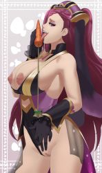 Rule 34 | 1girl, animal ears, arrow (projectile), black gloves, breasts, breasts out, carrot, censored, clothing aside, fake animal ears, fire emblem, fire emblem heroes, flower, from side, gloves, huge breasts, leotard, leotard aside, licking, licking weapon, loki (fire emblem), long hair, mosaic censoring, nintendo, nipples, ponytail, purple eyes, pussy, rabbit ears, sinccubi, solo, tongue, tongue out, weapon