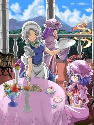 Rule 34 | 4girls, apple, apron, ascot, bad perspective, balcony, bat wings, blush, bow, braid, cake, capcom, capelet, chair, closed eyes, cloud, day, female focus, fire, flower, food, fruit, hair bow, hat, hat ribbon, highres, hong meiling, izayoi sakuya, jewelry, lemon, long hair, long sleeves, maid, maid apron, maid headdress, multiple girls, naodx, one eye closed, orange (fruit), orange hair, patchouli knowledge, plate, puffy sleeves, purple hair, red eyes, remilia scarlet, ribbon, short hair, short sleeves, shouryuuken, silver hair, sitting, sky, smile, street fighter, table, touhou, twin braids, uppercut, wide sleeves, wings, wink, wrist cuffs