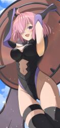 1girl absurdres ahoge black_gloves black_leotard black_thighhighs blue_sky breasts cleavage clothing_cutout cloud elbow_gloves fate/grand_order fate_(series) gloves hair_over_one_eye highres holding holding_shield leotard looking_at_viewer mash_kyrielight navel open_mouth purple_eyes purple_hair shield sky smile solo stomach_cutout thigh_strap thighhighs yaki_tai