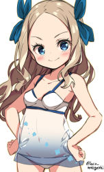 Rule 34 | 1girl, adapted costume, asakaze (kancolle), babydoll, bikini, blue bow, blue eyes, bow, breasts, cowboy shot, forehead, hair bow, kantai collection, laco soregashi, light brown hair, long hair, looking at viewer, one-hour drawing challenge, panties, parted bangs, sidelocks, simple background, small breasts, smile, solo, swimsuit, twitter username, underwear, wavy hair, white babydoll, white background, white bikini, white panties