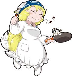 Rule 34 | 1girl, ^ ^, animal ears, apron, closed eyes, cooking, female focus, fox ears, fox tail, frying pan, happy, head scarf, kappougi, leex, multiple tails, musical note, rice, short hair, simple background, smile, solo, tail, touhou, white background, yakumo ran
