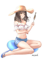 Rule 34 | 1girl, :t, artist name, bare legs, bare shoulders, barefoot, bikini, bikini top only, blue footwear, blue shorts, blush, breasts, brown hair, cleavage, closed mouth, collarbone, detached sleeves, eating, final fantasy, final fantasy xiv, fish, food, full body, hat, holding, holding food, long hair, looking at viewer, maoyao-ll, medium breasts, miqo&#039;te, navel, orange eyes, ribbon-trimmed bikini, sandals, short shorts, short sleeves, shorts, simple background, single sandal, sitting, solo, stomach, strapless, strapless bikini, sun hat, swimsuit, warrior of light (ff14), white background, white bikini, white hat, yokozuwari