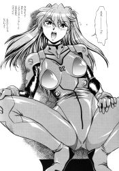 Rule 34 | 1girl, absurdres, blush, cameltoe, curvy, highres, long hair, looking at viewer, manabe jouji, monochrome, neon genesis evangelion, plugsuit, scan, shiny clothes, solo, souryuu asuka langley, spread legs, squatting, translation request, tsundere, twintails