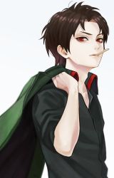 Rule 34 | 1boy, black hair, carrying over shoulder, collared shirt, danball senki wars, dress shirt, hand up, holding, holding clothes, holding jacket, hot, ishikawa takehiro, jacket, unworn jacket, looking at viewer, male focus, mouth hold, murasaki (fioletovyy), red eyes, shirt, short hair, short sleeves, simple background, solo, sweat, upper body, white background