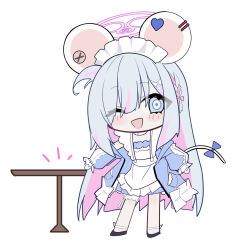 Rule 34 | 1girl, ;d, animal ears, apron, black footwear, blue bow, blue dress, blue jacket, bow, braid, dress, ear piercing, grey eyes, grey hair, highres, jacket, long hair, long sleeves, maid, maid apron, maid headdress, mouse ears, mouse girl, mouse tail, multicolored hair, notice lines, ohihil, one eye closed, open clothes, open jacket, open mouth, original, piercing, pink hair, puffy long sleeves, puffy sleeves, shoes, simple background, sleeves past wrists, smile, solo, table, tail, tail bow, tail ornament, two-tone hair, very long hair, waitress, white background