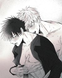 Rule 34 | 2boys, blush, collarbone, commentary request, fushiguro megumi, fushirun rung, gojou satoru, grabbing, greyscale, groping, hair between eyes, highres, jujutsu kaisen, licking, licking another&#039;s neck, long sleeves, looking at another, male focus, monochrome, multiple boys, muscular, muscular male, nipples, open clothes, open shirt, pectoral grab, pectorals, shirt, short hair, topless male, upper body, veins, yaoi