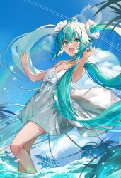 Rule 34 | 1girl, aqua hair, bare shoulders, blue eyes, blue sky, blush, breasts, choker, cloud, cloudy sky, commentary request, dress, earrings, floating clothes, floating hair, hair between eyes, hands up, hatsune miku, highres, jewelry, long hair, looking at viewer, murumuru (pixiv51689952), ocean, open mouth, outdoors, palm tree, sidelocks, sky, small breasts, smile, solo, spaghetti strap, tree, very long hair, vocaloid, wading, water, white dress