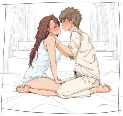 Rule 34 | 1boy, 1girl, = =, barefoot, blush, breasts, brown hair, camisole, embarrassed, erection, erection under clothes, closed eyes, from side, grey pants, grey shirt, hands on another&#039;s shoulders, hetero, imminent kiss, large breasts, long hair, man (man-room), on bed, pants, profile, seiza, shirt, short hair, short sleeves, sitting, sweat, nervous sweating, trembling